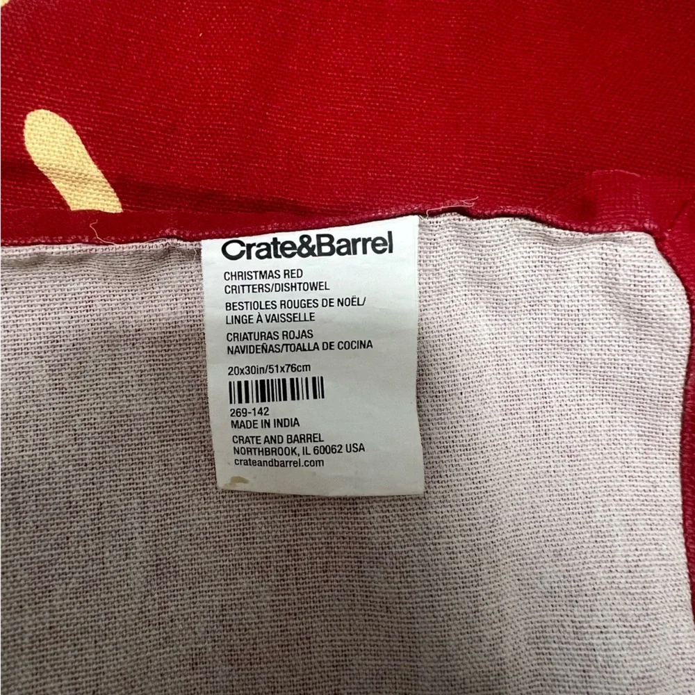 Crate&Barrel Christmas Red Kitchen Towel‎ w/ Winter Critters